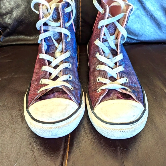 Juniors Converse All Star Purple Pink Metallic High Top Sneakers - Picture 1 of 7